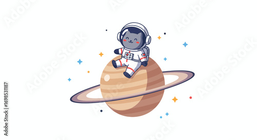 A cartoon cat in an astronaut suit sits on a planet with rings