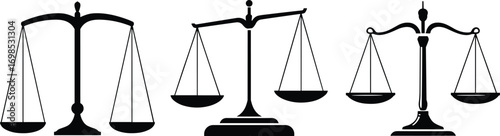 Set of balance scale silhouette vector illustrations, justice law symbols, weighing equipment icons, fairness equality concept, retro vintage measurement design elements