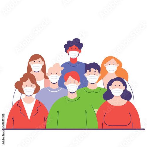 Diverse group of people wearing protective face masks for health and safety awareness