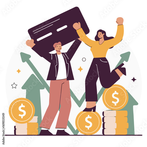 Excited business partners celebrate financial success holding giant credit card with rising graph