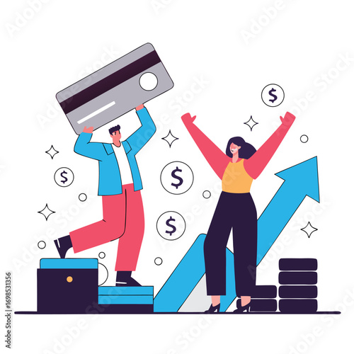 Excited entrepreneurs celebrate financial success with credit card and rising arrow
