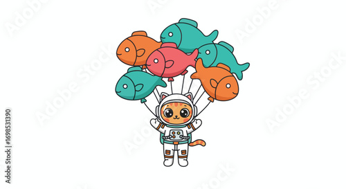 A cartoon cat astronaut floats in a spacesuit holding balloons shaped like fish