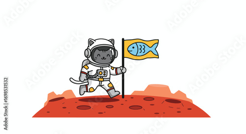 Cartoon cat astronaut plants a fish flag on Mars