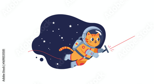 Cartoon cat in astronaut suit with a laser pointer in space
