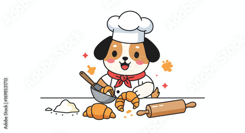 A cartoon dog chef bakes croissants with a rolling pin