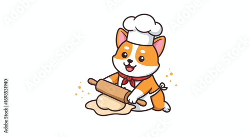 Cartoon corgi chef rolling dough with a rolling pin