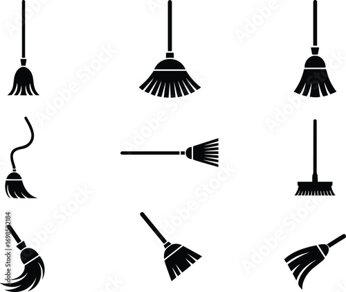  Silhouette vector illustration of different broom designs with handles, cleaning tools set, household equipment icons, sweeping brush shapes, domestic hygiene elements collection