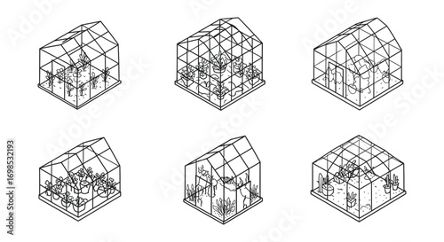 six greenhouses filled with plants arranged neatly in rows