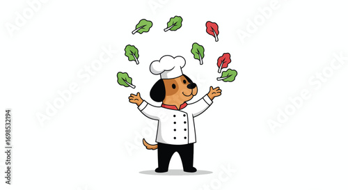 Dog chef juggles leafy greens