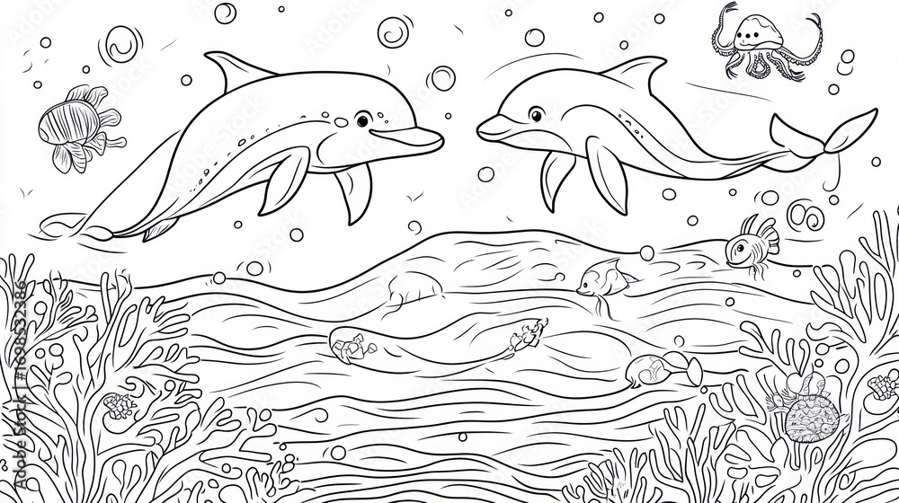 Obraz premium Dolphins underwater coloring page
