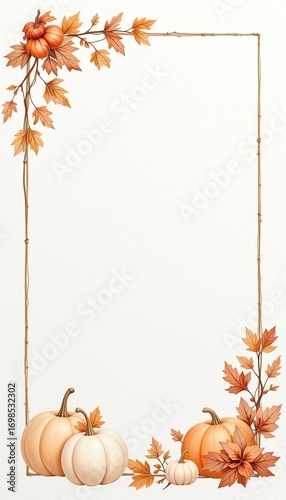 Elegant autumnal frame of rustic vines, pumpkins, and fall leaves, a cozy watercolor illustration for Thanksgiving or Halloween