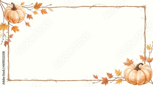 Elegant autumnal decorative frame with cream and orange pumpkins, fall foliage, and rustic branches in a watercolor style