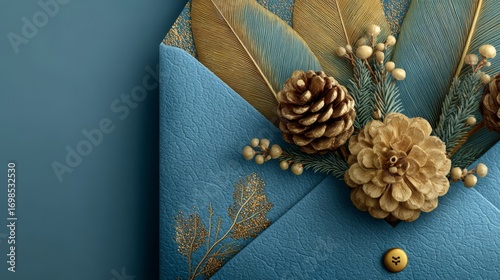 Elegant teal envelope, gold and brown festive accents, for luxurious holiday invitations with copy space