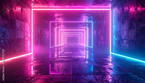 Fototapeta Naklejka Na Ścianę i Meble -  Neon tunnel with glowing rectangles
