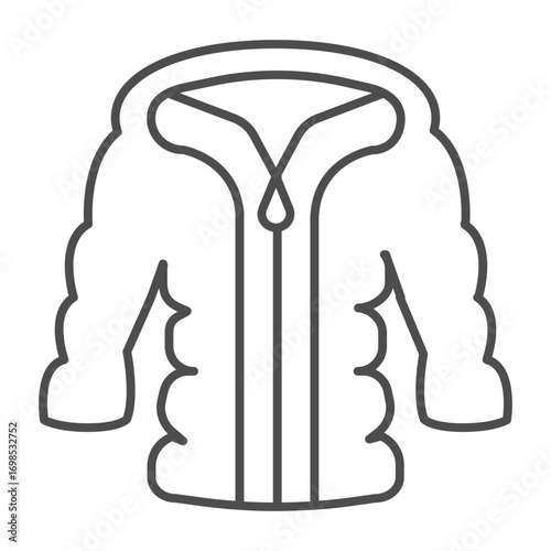 Down jacket with zipper thin line icon, autumn clothing concept. Vector graphics. Coat without head hood for women, clothes sign on white background, outline style icon for mobile or web design.