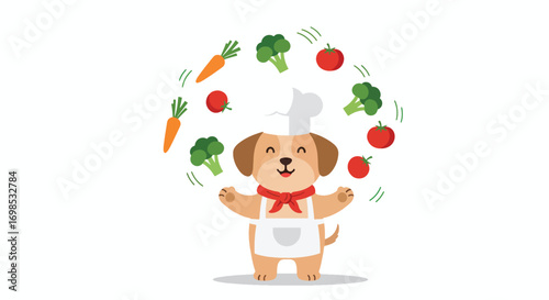 A cartoon dog chef juggles vegetables