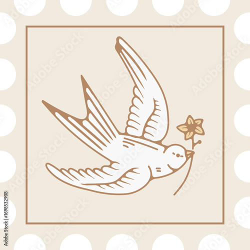 post stamp with Vintage dove illustration carrying a flower, symbol of peace, love, freedom and spirituality in retro design.