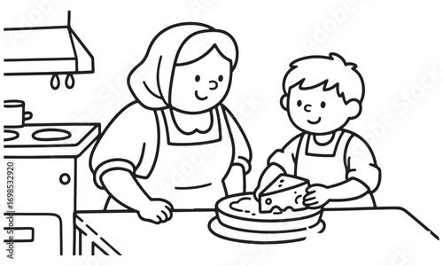 Woman and Boy Serving Cake in Kitchen Illustration