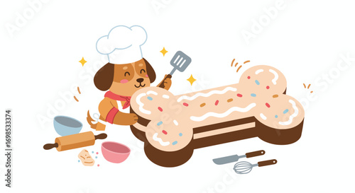 A cartoon dog chef decorates a giant boneshaped cookie