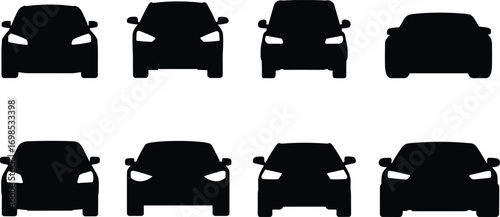  Vector illustration of car front silhouettes, modern automobile design, black vehicle icons, transportation graphic art, automotive outline drawing, front view car set
