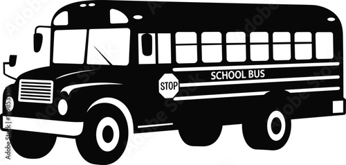  Vector illustration of classic school bus silhouette, public transport vehicle, education transportation design, retro style black bus icon for learning concept