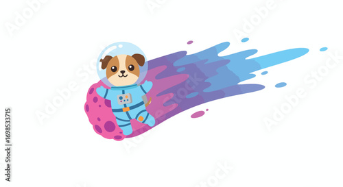 Cartoon dog in astronaut suit rides a pink asteroid with a colorful space trail