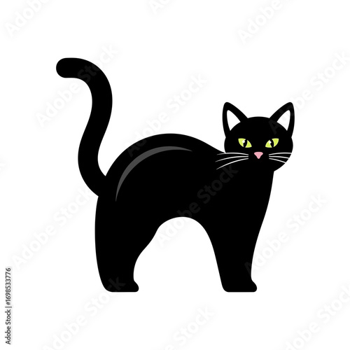 Sleek black cat with bright yellow eyes and a curious pink nose, perfect for Halloween themes.