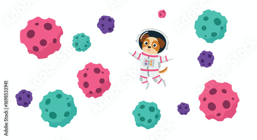 A cartoon dog in a spacesuit floats among colorful asteroids