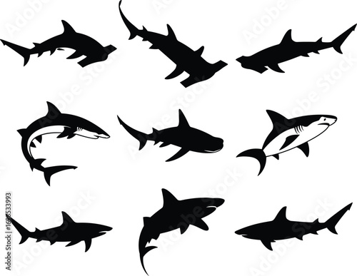  Vector illustration of multiple shark silhouettes, marine predator collection, ocean wildlife graphic, hammerhead, great white, swimming shark outline for sea life design