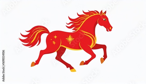 Flat vector illustration of the fire horse zodiac in red and gold, with simple Chinese New Year ornaments and clean background.