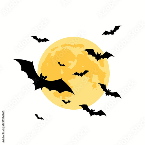 Spooky bats swarm a vibrant full moon, perfect for Halloween and spooky night themes.