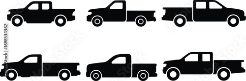  Vector illustration of pickup truck silhouettes, black vehicle icons, transportation car design, utility vehicle outline, cargo truck shapes, commercial pickup vector collection