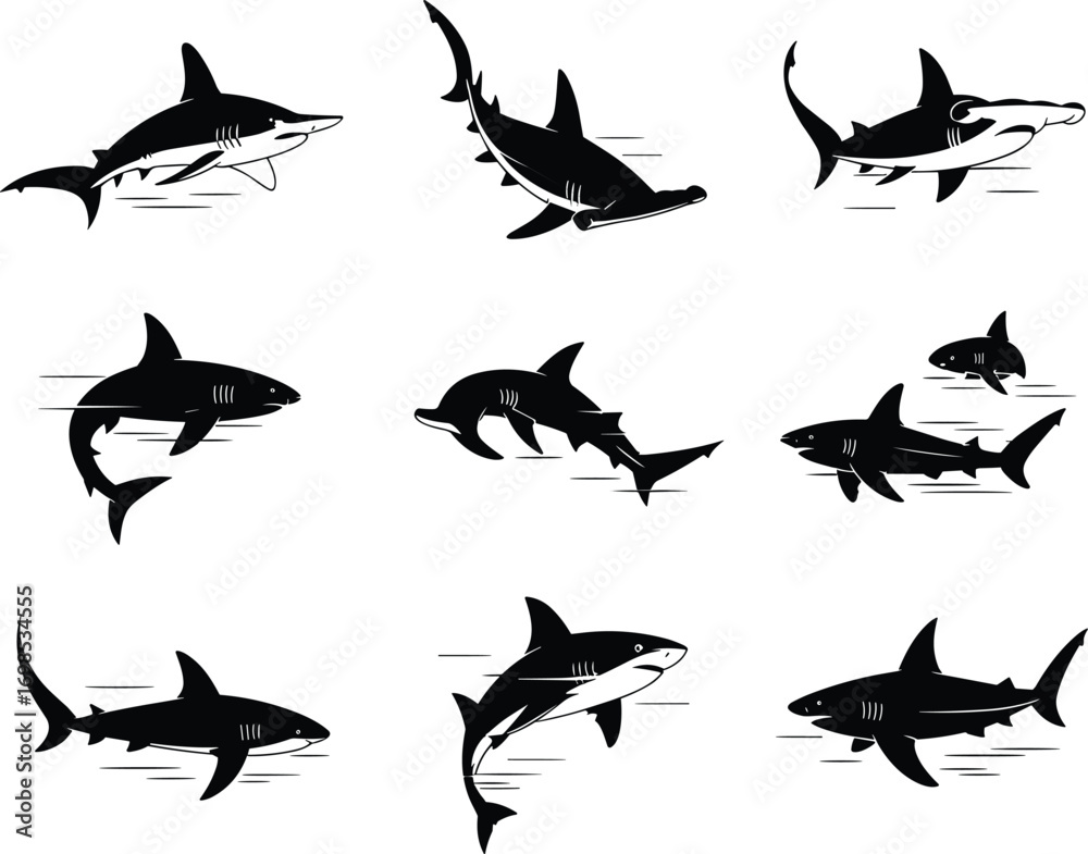 Fototapeta premium Vector illustration of shark silhouettes in different swimming poses, ocean predator design, hammerhead and great white shark collection, underwater wildlife marine concept art