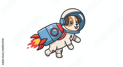 Cartoon dog in astronaut suit with a rocket attached