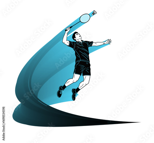 The illustration portrays a badminton player executing a powerful overhead shot with a racquet. Badminton player silhouette poster