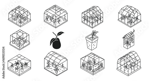 a variety of greenhouses with plants and a pear
