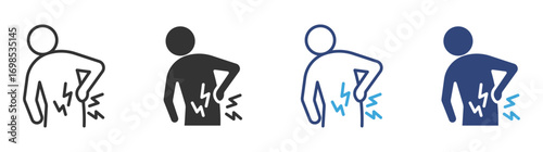 Backache icon set. Man touching his back. Osteoporosis, arthritis symptom. Muscle pain icon ,  Vector illustration.
