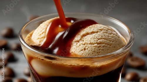 Affogato Bliss: A luscious dessert featuring a scoop of vanilla ice cream drowned in a shot of hot espresso, offering a rich and invigorating treat.