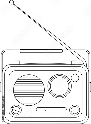  Vintage portable radio with antenna, retro audio device line drawing, classic communication technology vector illustration, old-fashioned radio receiver outline for design, decor