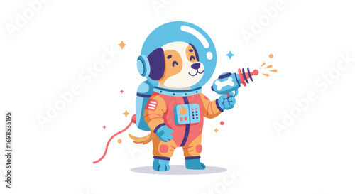 Cartoon dog in an astronaut suit with a ray gun and stars