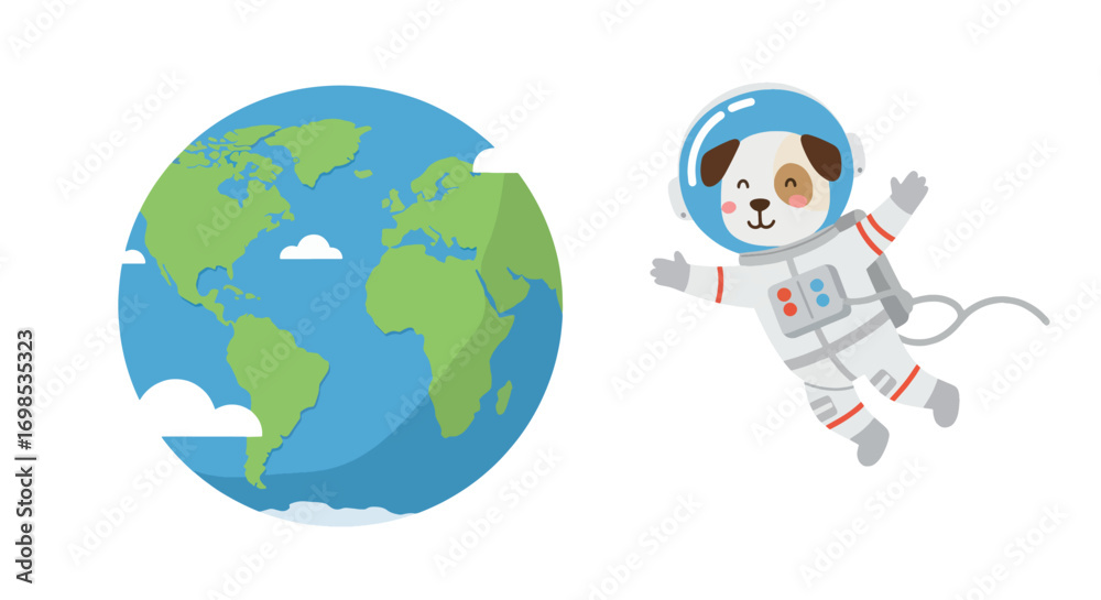 Fototapeta premium A cartoon dog in an astronaut suit floats near a cartoon Earth
