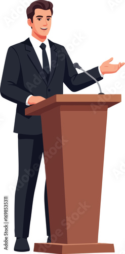 illustration of a politician man standing at a podium, giving a speech, dressed professionally in a dark suit with a white shirt and a black tie doing a campaign for presidential