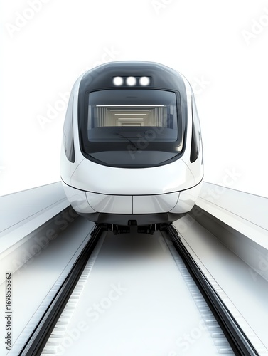 Futuristic high-speed train on white track, front view. Innovative railway travel.