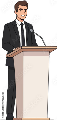 illustration of a politician man standing at a podium, giving a speech, dressed professionally in a dark suit with a white shirt and a black tie doing a campaign for presidential