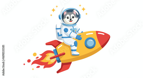 Cartoon husky astronaut riding a rocket
