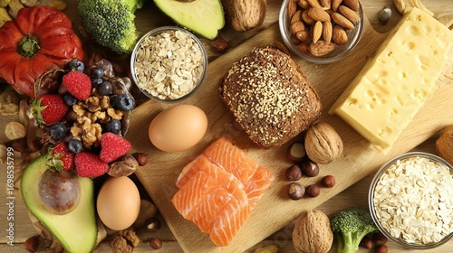 Assortment of nutritious foods on wooden table, showcasing a balanced diet.