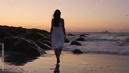 Serene Woman in White Dress Walks on Beach at Sunset with Lighthouse in Distance, Reflecting on Life's Journey and Peaceful Moments by the Ocean