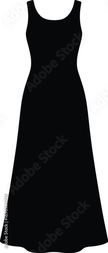 silhouette, maxi dress, floor length, sleeveless, slight flare hem