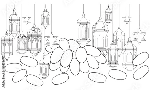 Decorative Arabic Lanterns and Dates Line Art for Coloring