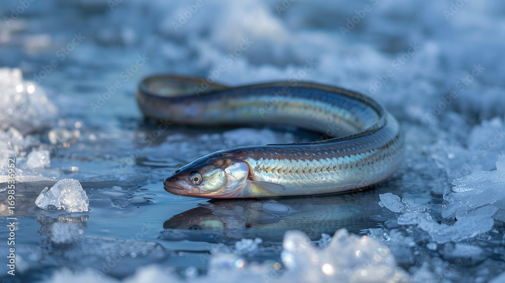 Obraz premium Fresh eel lies coiled on icy surface